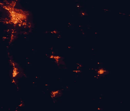 Satellite night-light map of the 100 km around San Pedro Riparian National Conservation Area, with Tucson, Nogales and Sierra Vista marked