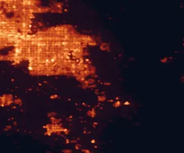 Satellite night-light map of the 50 km around San Tan Valley, with Mesa, Chandler and Gilbert marked