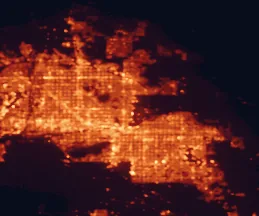 Satellite night-light map of the 50 km around Scottsdale, with Phoenix, Mesa and Tempe marked