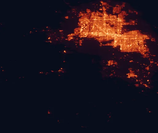 Satellite night-light map of the 100 km around Sonoran Desert National Monument, with Phoenix, Mesa and Chandler marked
