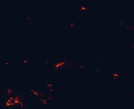 Satellite night-light map of the 100 km around Sunset Crater Volcano National Monument, with Flagstaff, Prescott Valley and Prescott marked