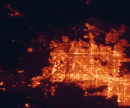 Satellite night-light map of the 50 km around Surprise, with Phoenix, Peoria and Glendale marked
