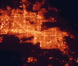 Satellite night-light map of the 50 km around Tempe, with Phoenix, Mesa and Scottsdale marked