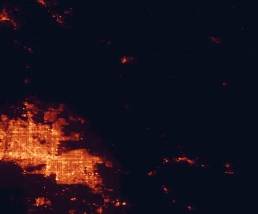 Satellite night-light map of the 100 km around Tonto National Forest, with Phoenix, Mesa and Gilbert marked