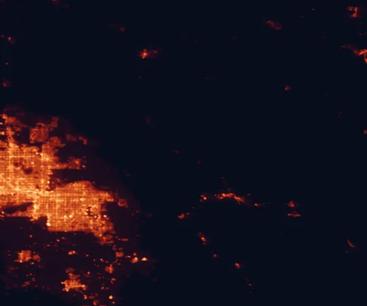 Satellite night-light map of the 100 km around Tonto National Monument, with Phoenix, Mesa and Gilbert marked