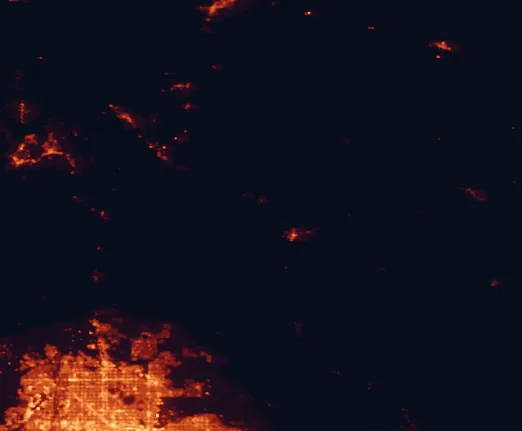 Satellite night-light map of the 100 km around Tonto Natural Bridge State Park, with Scottsdale, Glendale and Peoria marked