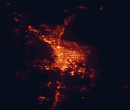 Satellite night-light map of the 50 km around Tucson, with Casas Adobes, Catalina Foothills and Oro Valley marked