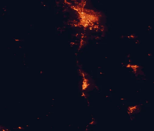Satellite night-light map of the 100 km around Tumacácori National Historical Park, with Tucson, Nogales and Casas Adobes marked