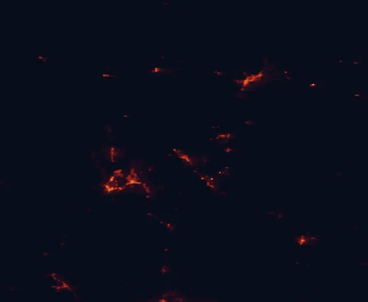 Satellite night-light map of the 100 km around Tuzigoot National Monument, with Flagstaff, Prescott Valley and Prescott marked