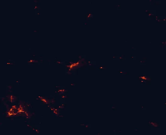 Satellite night-light map of the 100 km around Walnut Canyon National Monument, with Flagstaff, Prescott Valley and Prescott marked
