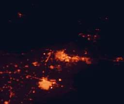 Satellite night-light map of the 50 km around Yuma, with San Luis Río Colorado, Fortuna Foothills and San Luis marked