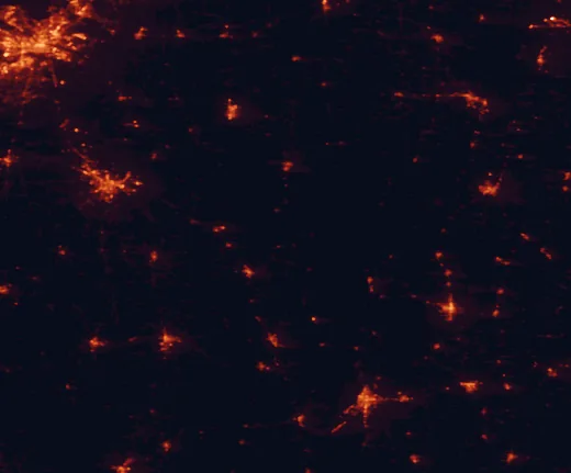 Satellite night-light map of the 100 km around Arkansas Post, with Little Rock, Pine Bluff and North Little Rock marked