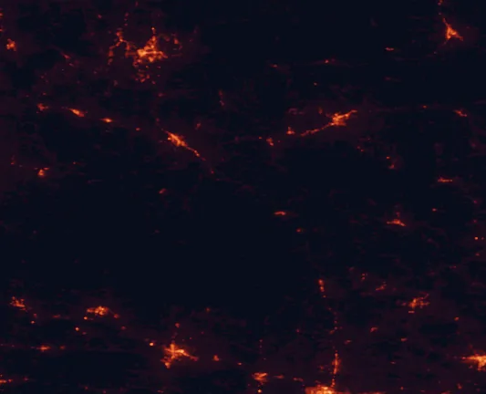 Satellite night-light map of the 100 km around Buffalo National River, with Russellville, Harrison and Mountain Home marked