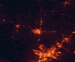 Satellite night-light map of the 50 km around Conway, with Little Rock, North Little Rock and Sherwood marked
