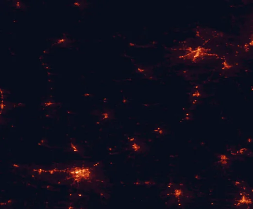Satellite night-light map of the 100 km around Crater of Diamonds State Park, with Texarkana, Hot Springs and Texarkana marked