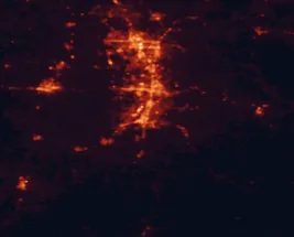 Satellite night-light map of the 50 km around Fayetteville, with Springdale, Rogers and Bentonville marked