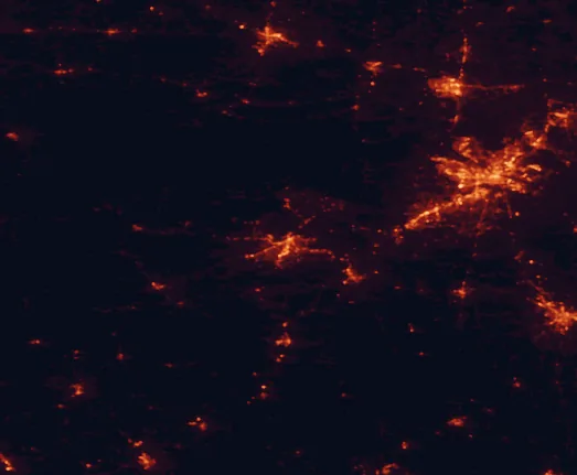 Satellite night-light map of the 100 km around Hot Springs National Park, with Little Rock, North Little Rock and Conway marked