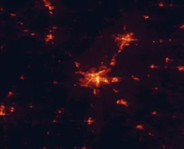 Satellite night-light map of the 50 km around Jonesboro, with Paragould, Trumann and Walnut Ridge marked