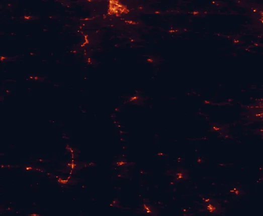 Satellite night-light map of the 100 km around Ouachita National Forest, with Poteau, Greenwood and Hope marked