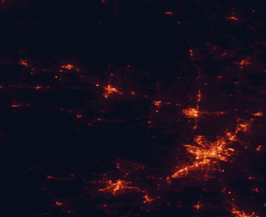 Satellite night-light map of the 100 km around Petit Jean State Park, with Little Rock, Conway and North Little Rock marked