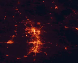 Satellite night-light map of the 50 km around Rogers, with Springdale, Bentonville and Fayetteville marked