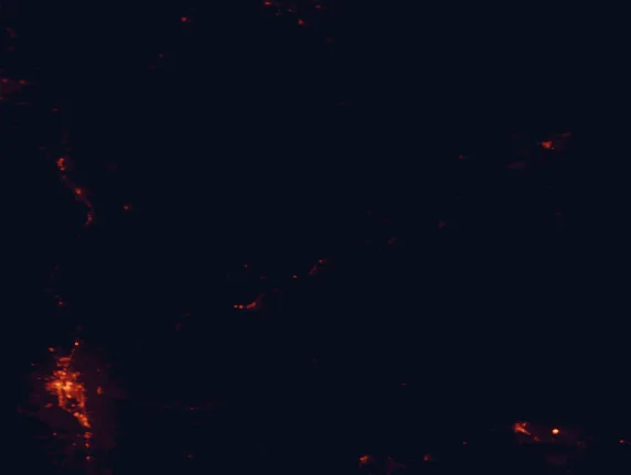 Satellite night-light map of the 100 km around Ahjumawi Lava Springs State Park, with Redding, Susanville and Shasta Lake marked