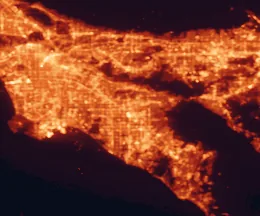 Satellite night-light map of the 50 km around Anaheim, with Los Angeles, Santa Ana and Long Beach marked