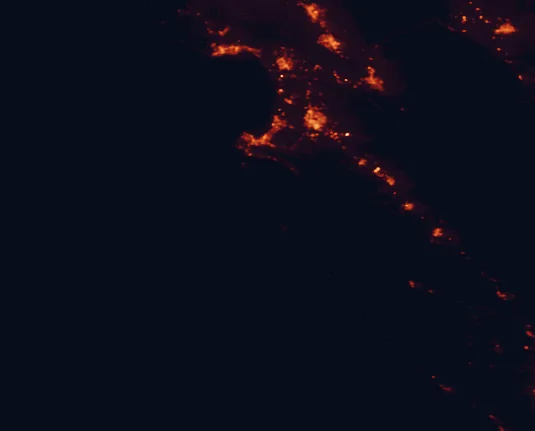 Satellite night-light map of the 100 km around Andrew Molera State Park, with Salinas, Santa Cruz and Watsonville marked