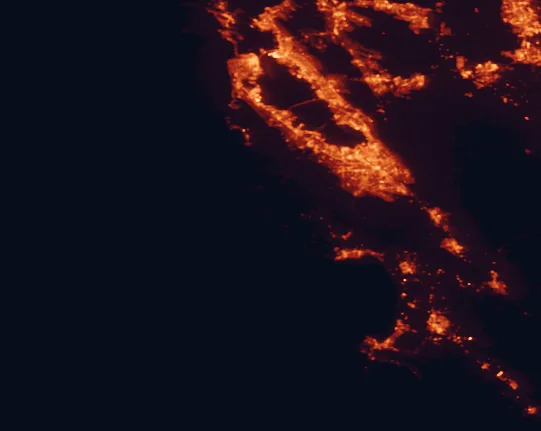 Satellite night-light map of the 100 km around Año Nuevo State Park, with San Jose, San Francisco and Oakland marked