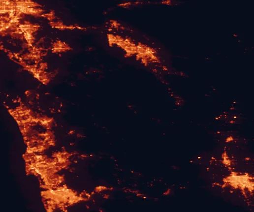 Satellite night-light map of the 100 km around Anza-Borrego Desert State Park, with Tijuana, San Diego and Mexicali marked