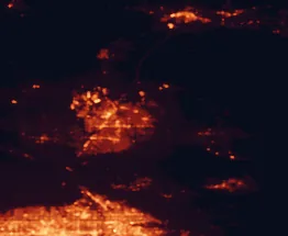 Satellite night-light map of the 50 km around Apple Valley, with Victorville, Hesperia and San Bernardino marked