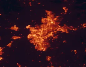 Satellite night-light map of the 50 km around Arden-Arcade, with Sacramento, Elk Grove and Roseville marked