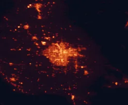 Satellite night-light map of the 50 km around Bakersfield, with Oildale, Delano and Rosedale marked