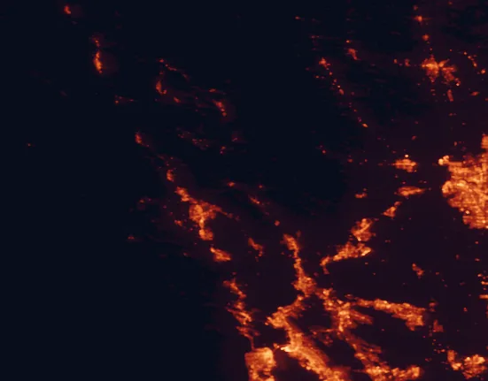 Satellite night-light map of the 100 km around Bothe-Napa Valley State Park, with San Francisco, Sacramento and Santa Rosa marked