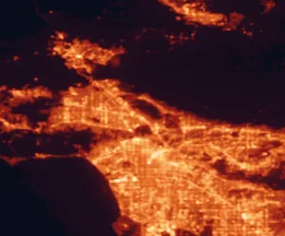 Satellite night-light map of the 50 km around Burbank, with Los Angeles, Glendale and Long Beach marked