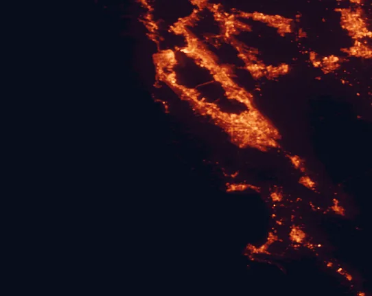 Satellite night-light map of the 100 km around Butano State Park, with San Jose, San Francisco and Oakland marked