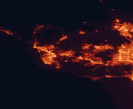 Satellite night-light map of the 50 km around Camarillo, with Oxnard, Thousand Oaks and Simi Valley marked