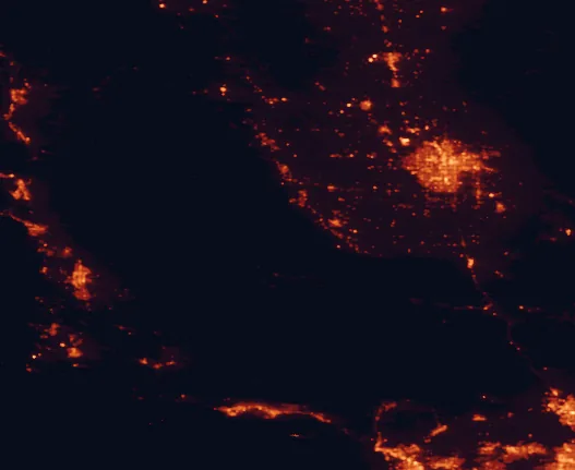 Satellite night-light map of the 100 km around Carrizo Plain National Monument, with Bakersfield, Santa Maria and Valencia marked