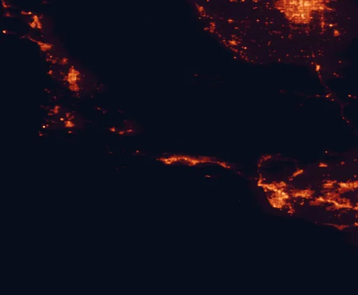 Satellite night-light map of the 100 km around Chumash Painted Cave State Historic Park, with Santa Barbara, Oxnard and Ventura marked