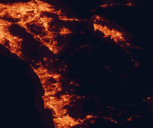 Satellite night-light map of the 100 km around Cleveland National Forest, with Tijuana, San Diego and Riverside marked