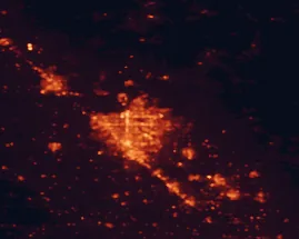 Satellite night-light map of the 50 km around Clovis, with Fresno, Madera and Sanger marked