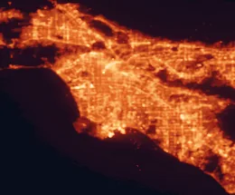 Satellite night-light map of the 50 km around Compton, with Los Angeles, Long Beach and Anaheim marked