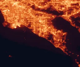 Satellite night-light map of the 50 km around Costa Mesa, with Los Angeles, Santa Ana and Irvine marked