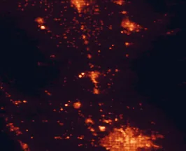 Satellite night-light map of the 50 km around Delano, with Bakersfield, Porterville and Wasco marked