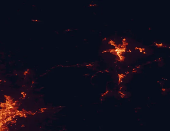 Satellite night-light map of the 100 km around Donner Memorial State Park, with Reno, Sparks and Roseville marked