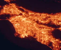 Satellite night-light map of the 50 km around Downey, with Los Angeles, Long Beach and Anaheim marked
