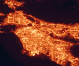 Satellite night-light map of the 50 km around East Los Angeles, with Los Angeles, Long Beach and Anaheim marked