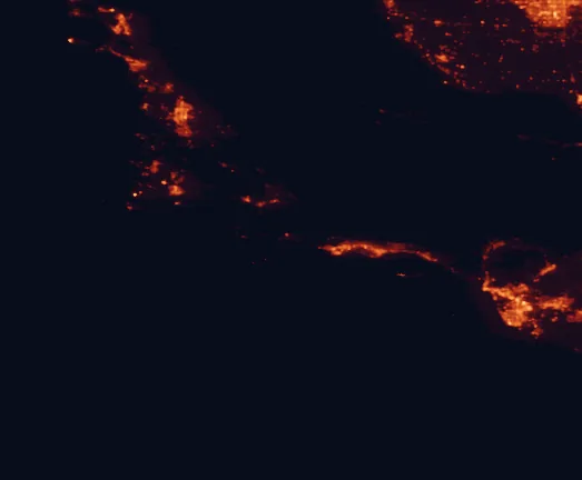 Satellite night-light map of the 100 km around El Capitán State Beach, with Oxnard, Santa Barbara and Santa Maria marked