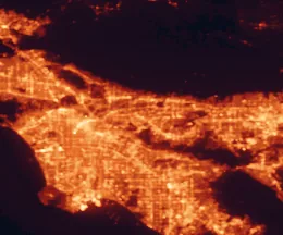 Satellite night-light map of the 50 km around El Monte, with Los Angeles, Long Beach and Anaheim marked