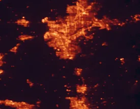 Satellite night-light map of the 50 km around Elk Grove, with Sacramento, Arden-Arcade and Roseville marked